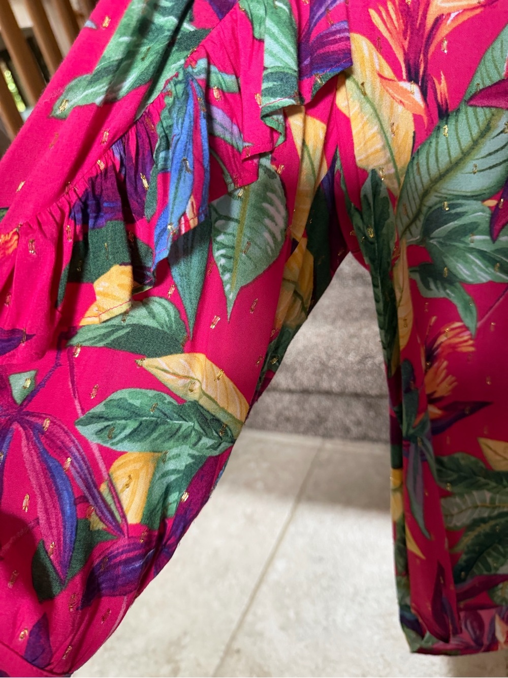Chico's Fuchsia Tropical Leaf Tassel Blouse - Picture 3 of 12